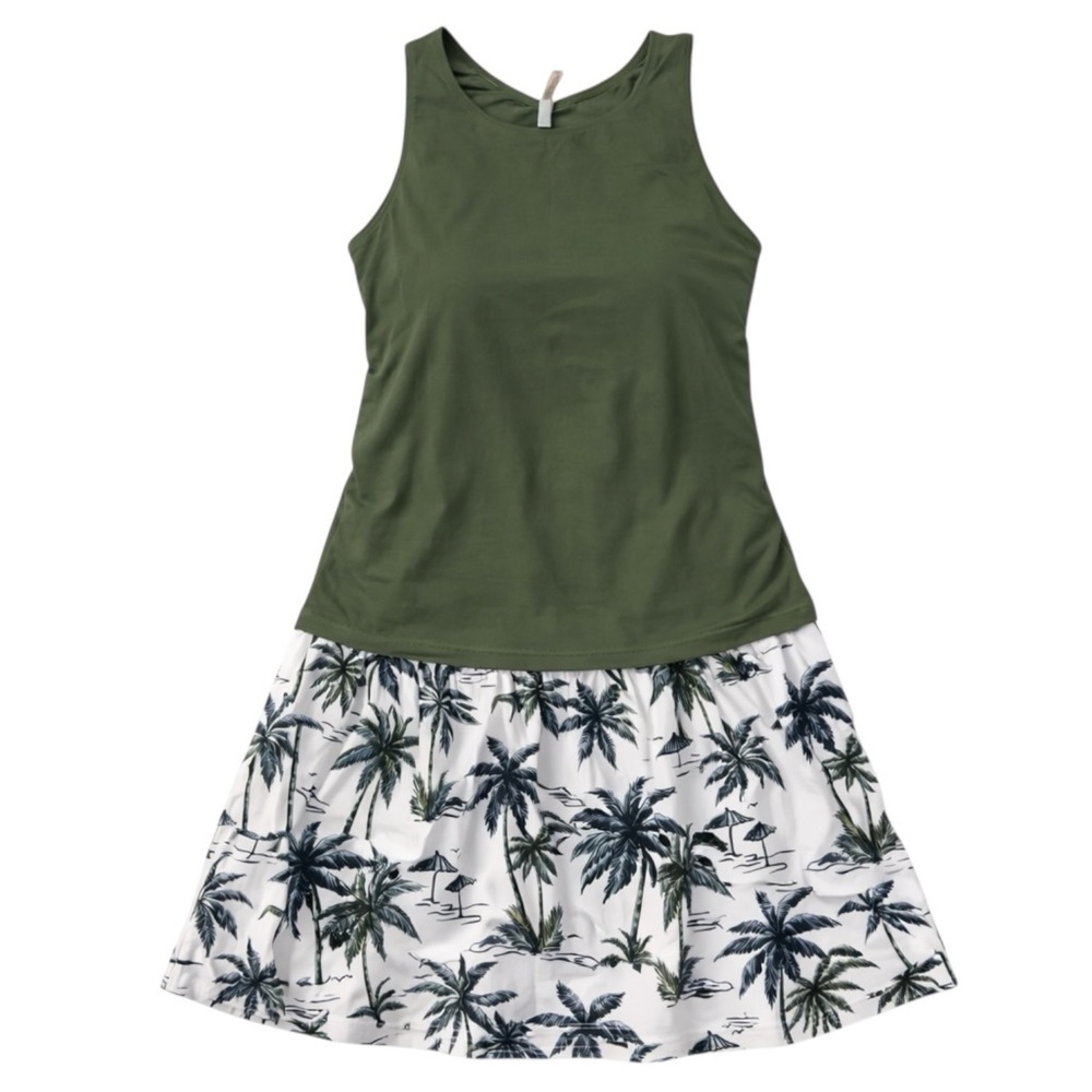Daci Swim Dress L Olive Green Palm Print Skirted Swimsuit Tropical Tankini L